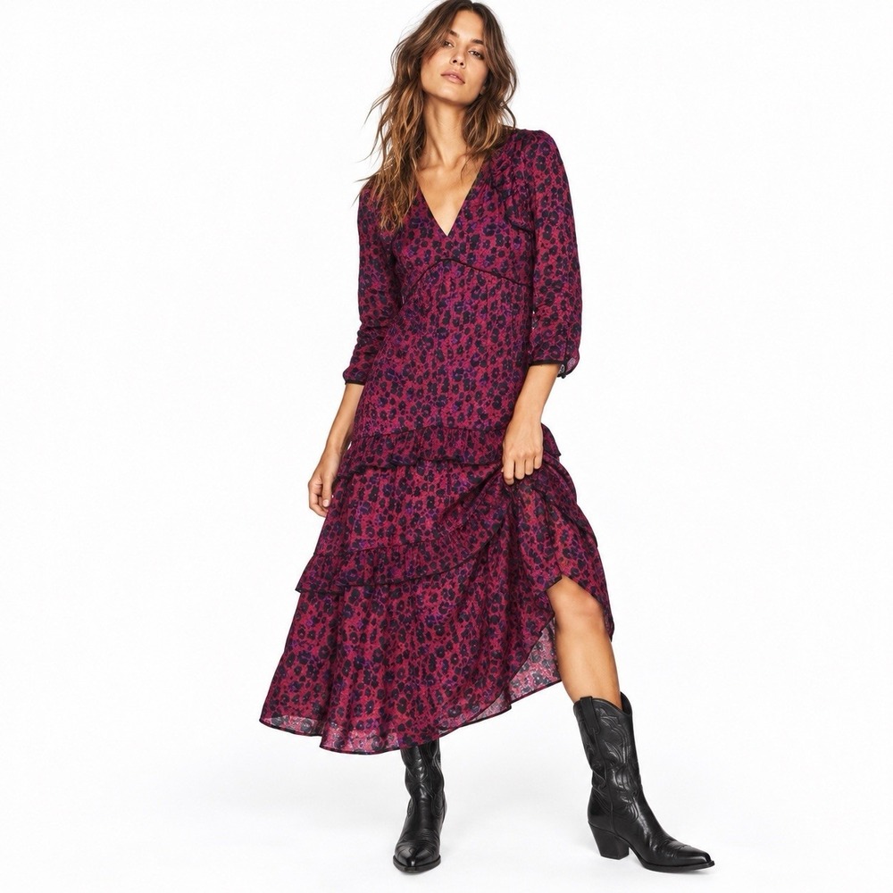 BA&SH Tracy Leopard Midi Dress M Boho Indie Sleaze Tier Ruffle Whimsigoth Red
